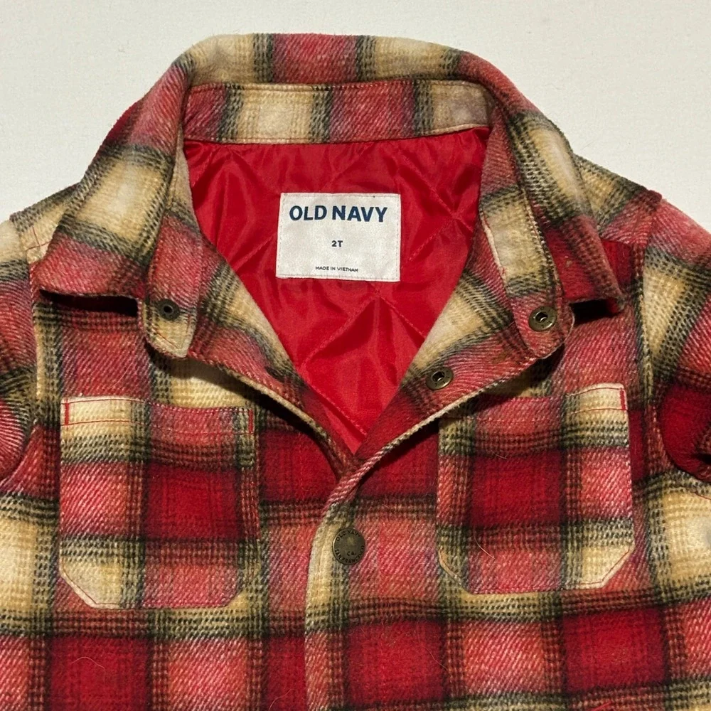 Old Navy Kids Plaid Lined Shirt Jacket Coat Toddler 2T‎ Red Tan Snap Front